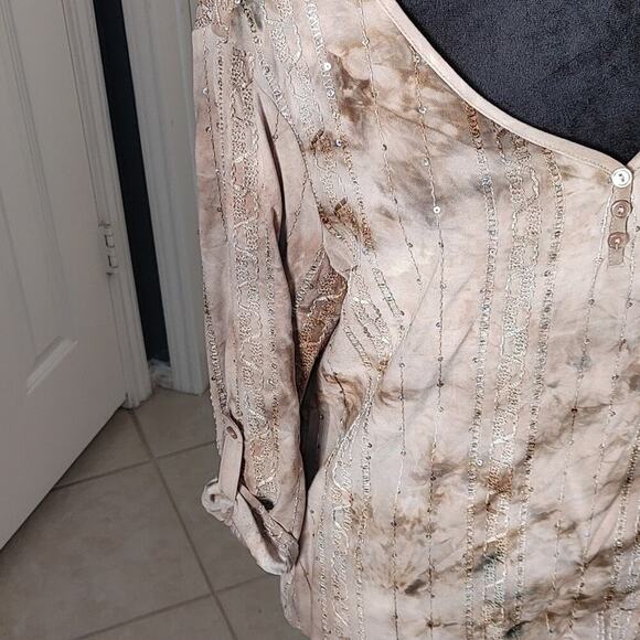 DressBarn Tie Dye Tunic V Neck w 3 Button Neckline, Sequins, Tab Sleeves L EUC - Picture 8 of 16